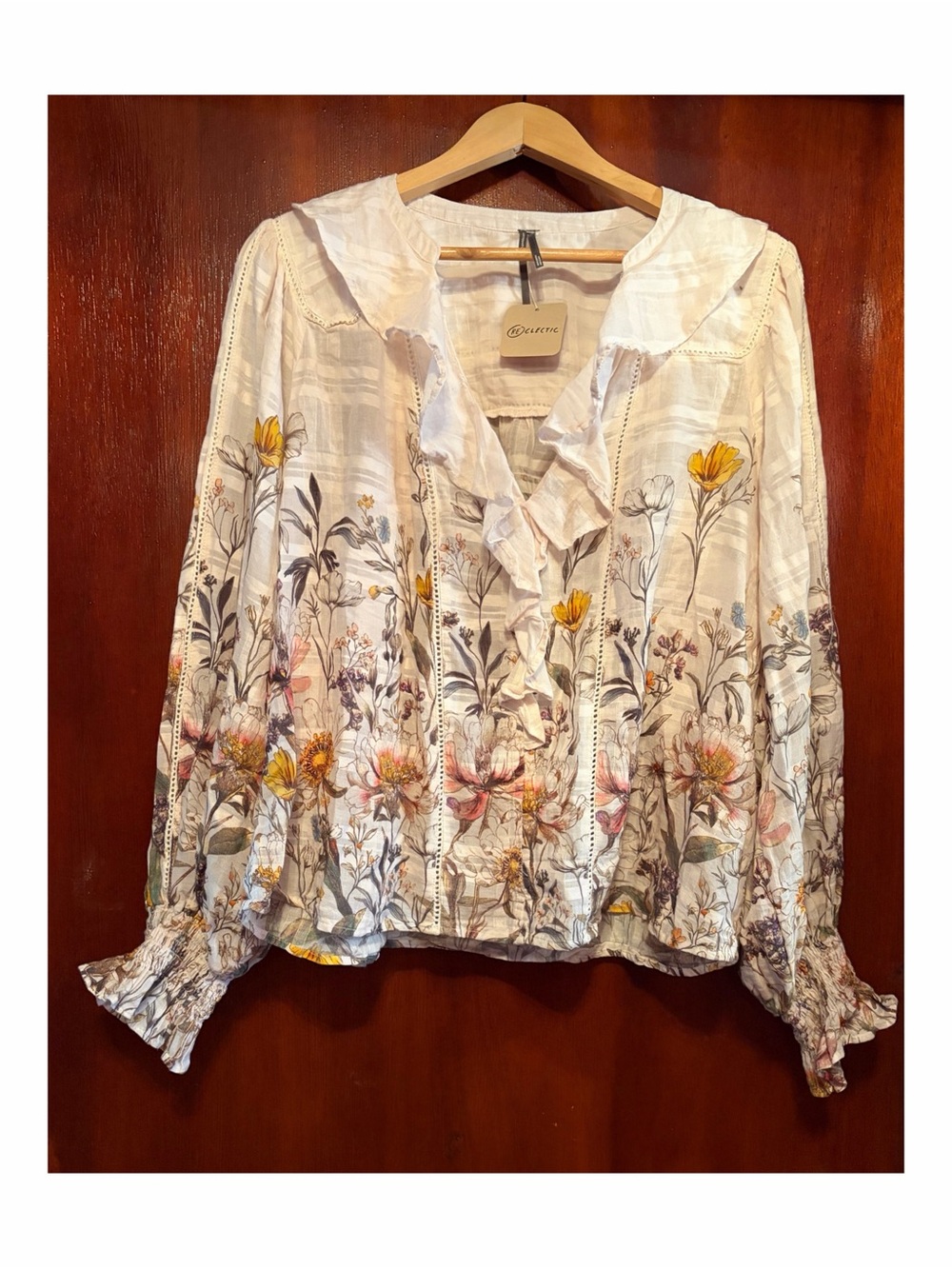 Anthropologie White Floral Ruffle V-Neck Blouse with Yellow & Pink Accents - Picture 4 of 5
